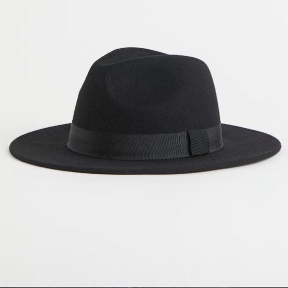 H&M Black Felted Wool Fedora Hat Size Large/58 Ribbon Band Chic - Picture 1 of 8